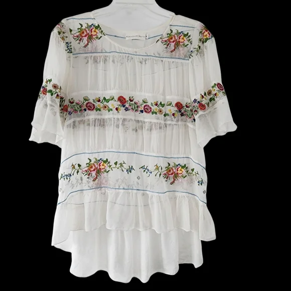 Johnny Was x 4 Love And Liberty White Silk Floral Embroidered Blouse Ruffles - Picture 4 of 15